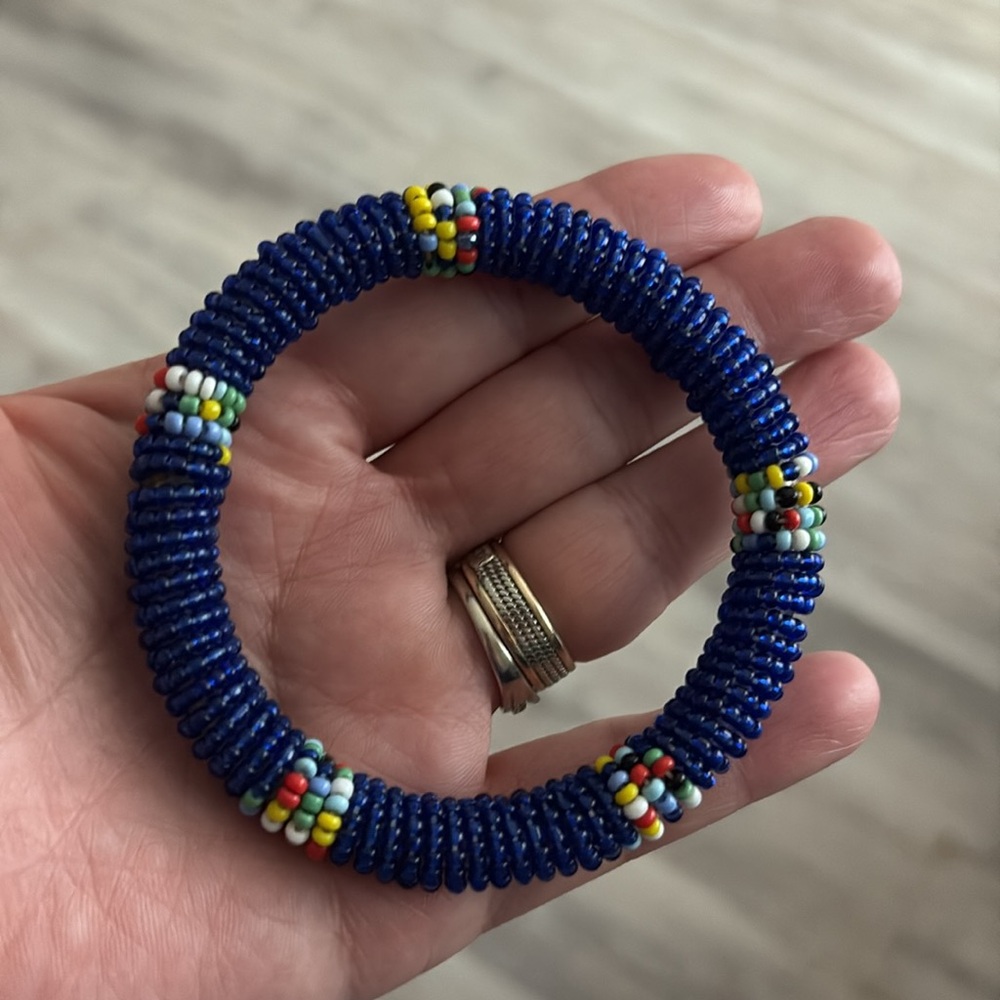 Traditional African Multicolored Beaded Bangle Bracelet Black Blue Orange Red
